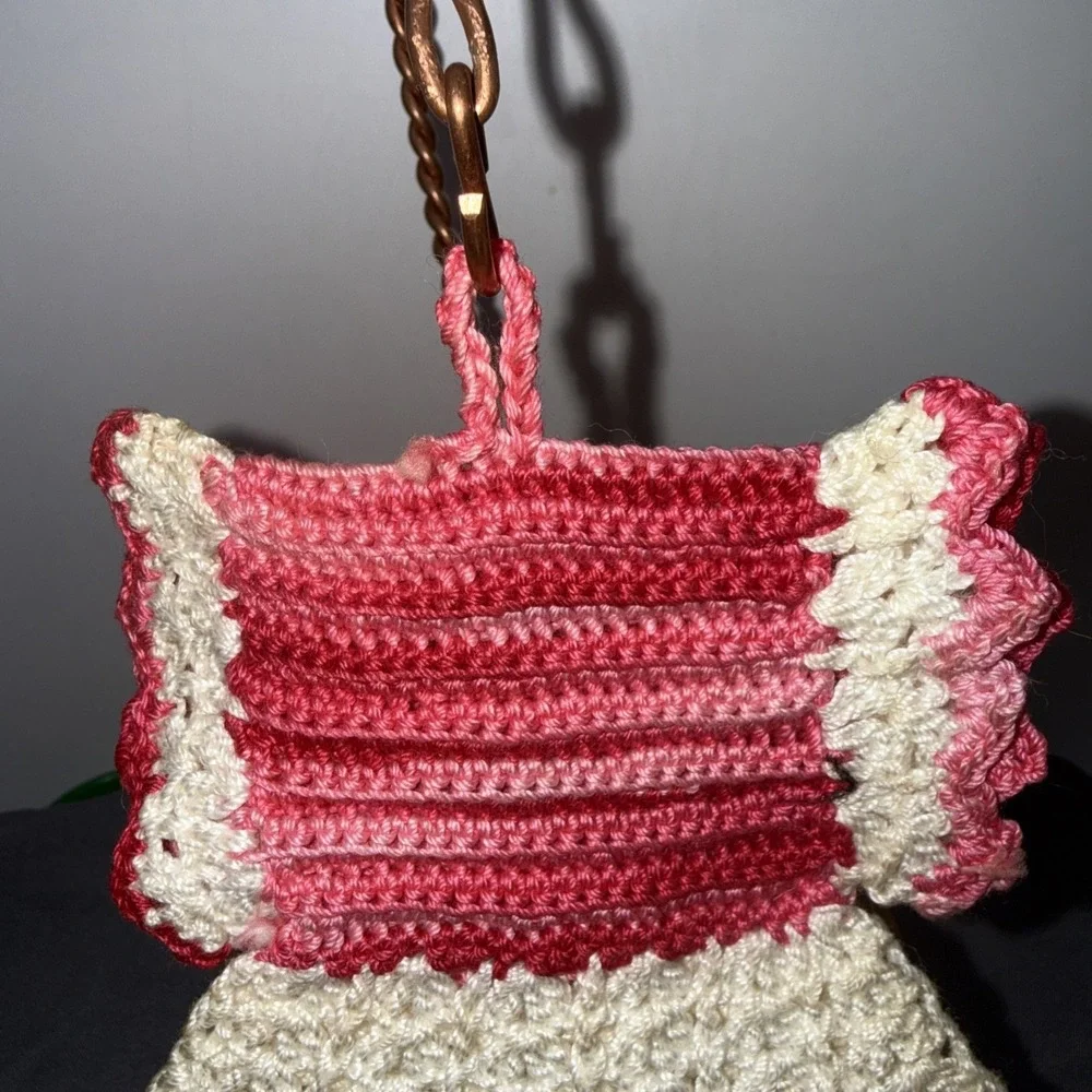 Vintage Crochet  White / Pink Bottle Dress - Trivet/Potholder  Ornament Preowned